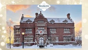 A snow-covered Barker Mansion during Christmastime, 2022.