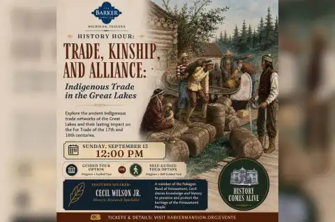 Promotional graphic for History Hour: The Olivers and the Chilled Plow, featuring Kristie Erickson, Deputy Executive Director, and Amber Gabel, Curator of Copåsaholm, at The Barker Mansion on Sunday, June 14 at 12:00 PM.