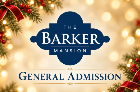 The Barker Mansion, General logo back by holiday decorations.