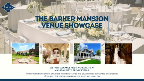 A promotional image for The Barker Mansion Venue Showcase with a table set for an event and four smaller photos below showing outdoor and indoor venue scenes, including a courtyard, a porch, and a staircase with a bride.